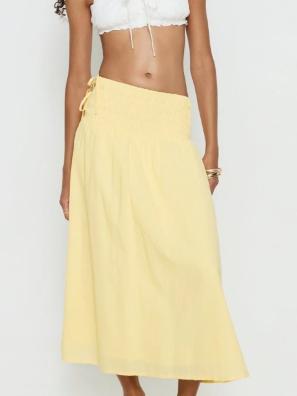 Cider Pale Yellow Smocked Waist Midi Skirt